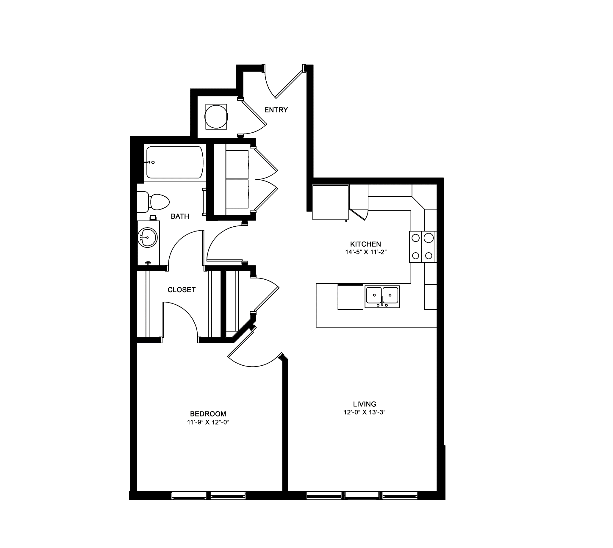 Floor plan for 1 bed, 1 bath, 735 sqft